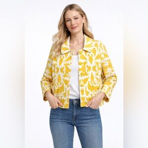 J.Crew Yellow White Floral Damascus Print Cotton Cropped Jacket Large Button 10